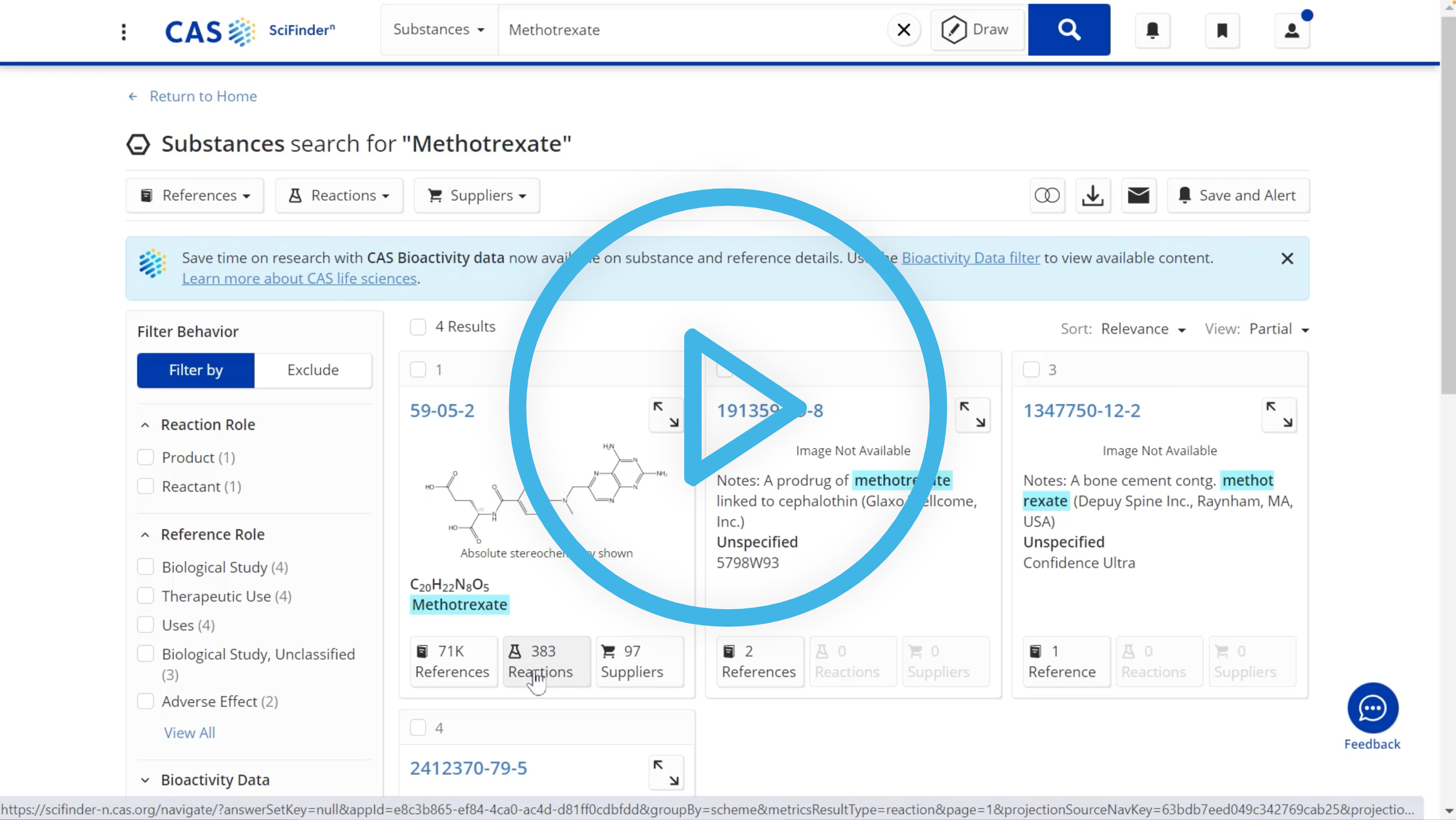 How to perform a reaction search for known substances with CAS SciFinder-n video mockup