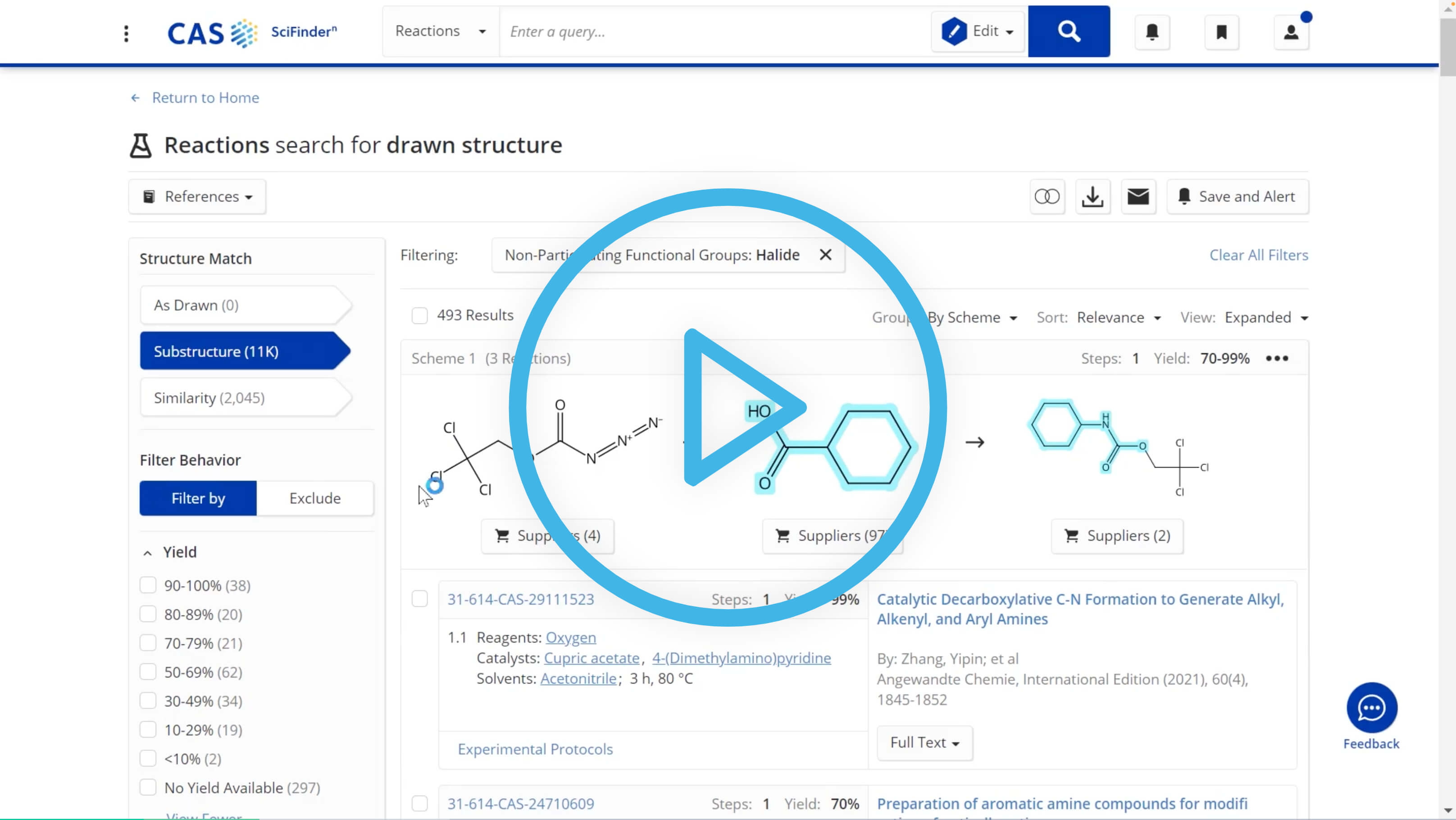 How to filter reaction search results sets with CAS SciFinder-n video mockup