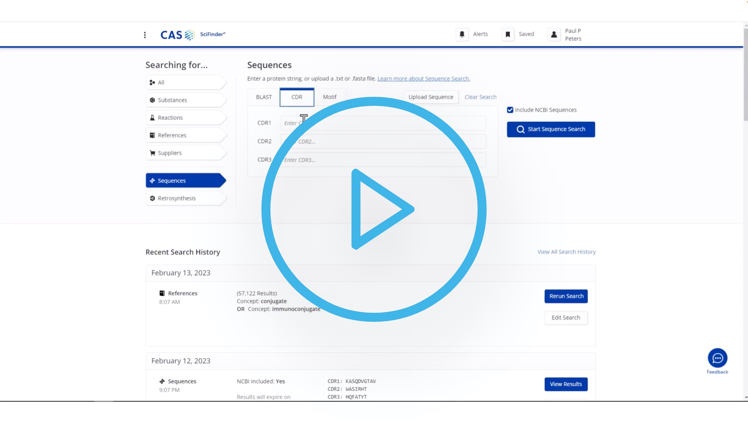 Performing a CDR sequence search in CAS SciFinder-n video mockup