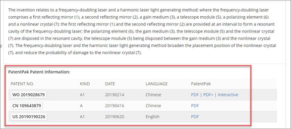 STNext 中的 PatentPak，专利族显示