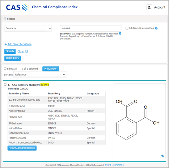 Phthalic Acid record from CAS Chemical Compliance Index