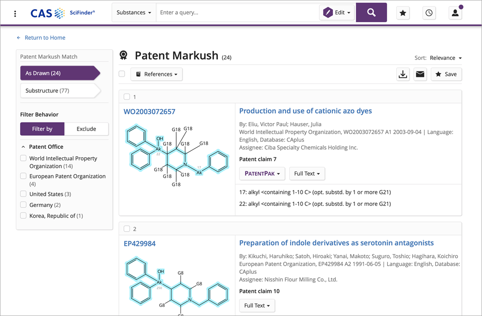 Utilisez une recherche Markush de brevets pour trouver des structures, y compris des structures génériques.