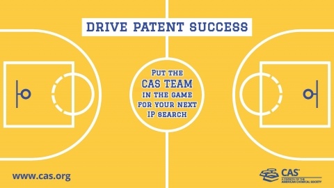 A basketball court diagram with the text 'drive patent success - put the CAS team in the game for your next IP search'